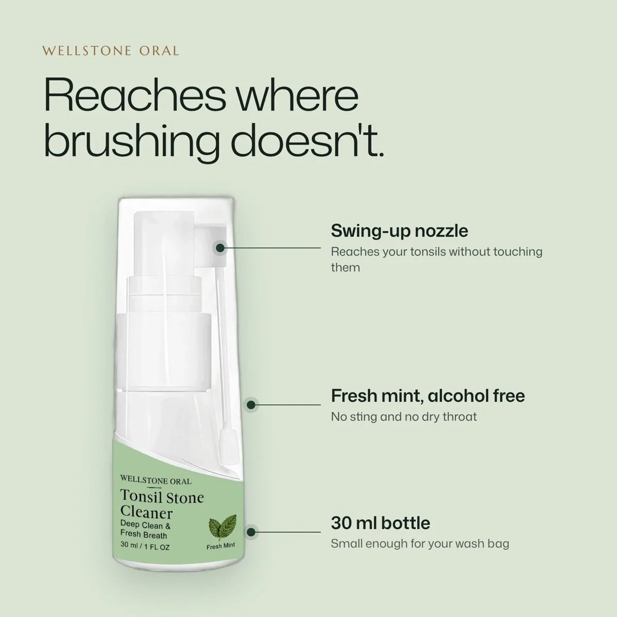 Wellstone Oral Tonsil Stone Cleaner spray: swing-up nozzle, fresh mint and alcohol free, 30 ml bottle