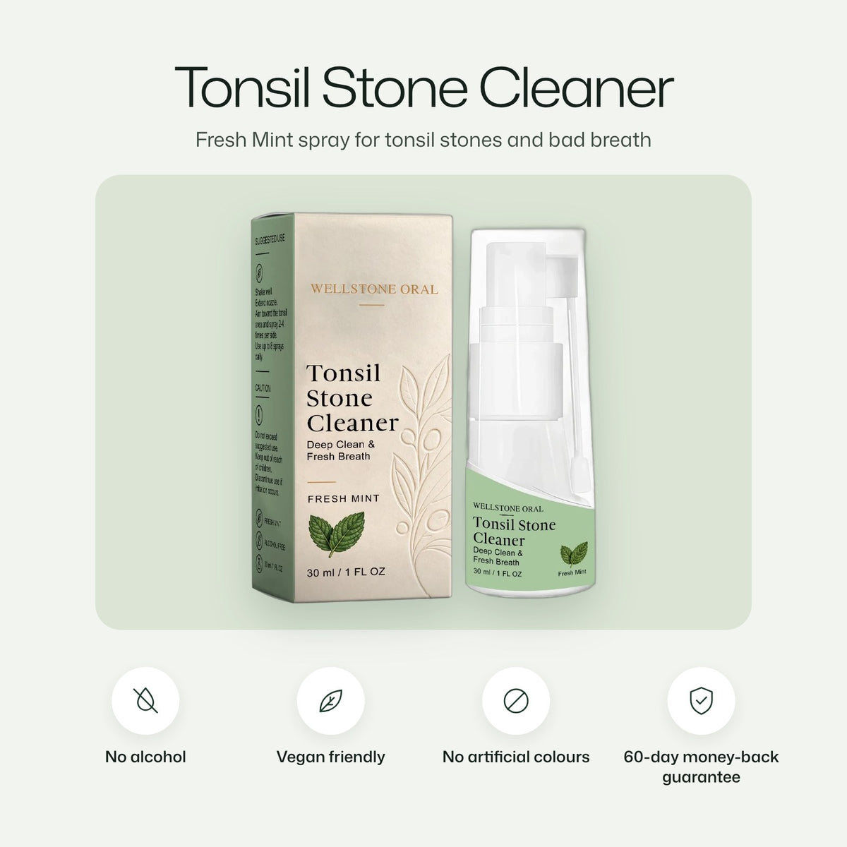 Tonsil Stone Cleaner box and bottle: no alcohol, vegan friendly, no artificial colours, 60-day money-back guarantee