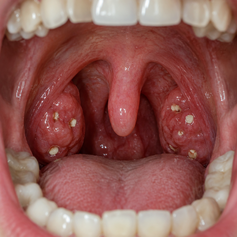 Tonsil stones in the pockets of the tonsils at the back of the throat